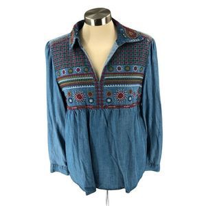 Chelsea & Theodore Womens Blouse Medium Blue Tunic Embroidered Long Sleeve Adult